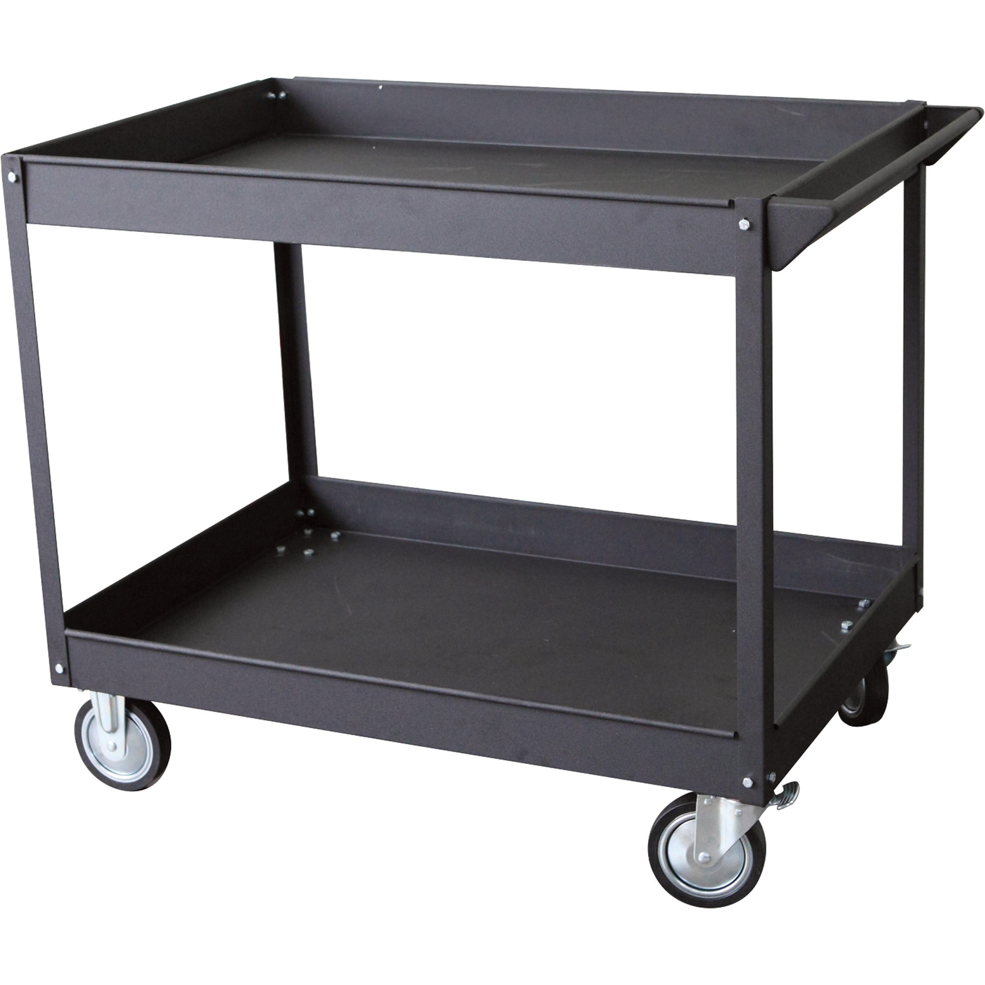 A black cart with two shelves and wheels on a white background