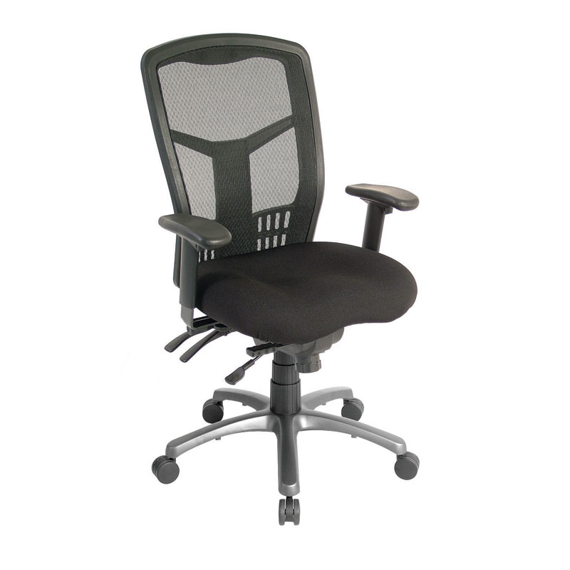 A black office chair with a mesh back and arm rests