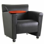 A black leather chair with a wooden tray on the arm.