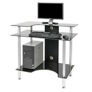 A computer is sitting on top of a glass desk.