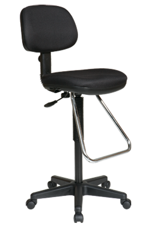 A black office chair with wheels on a white background.