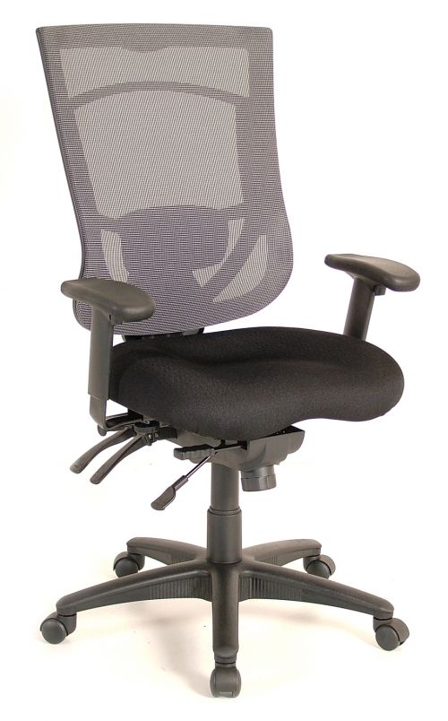 A black office chair with a mesh back and arm rests