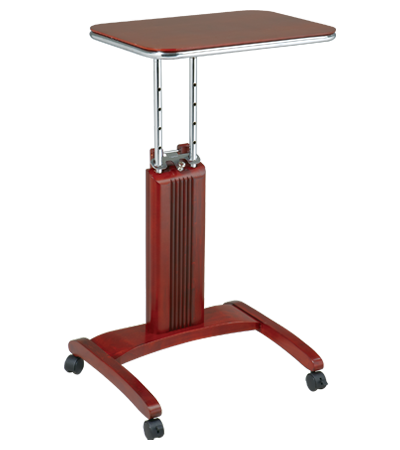 A small wooden table with wheels on a white background