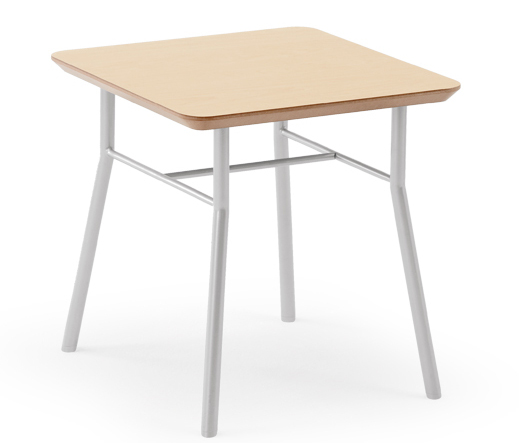 A small wooden table with metal legs on a white background