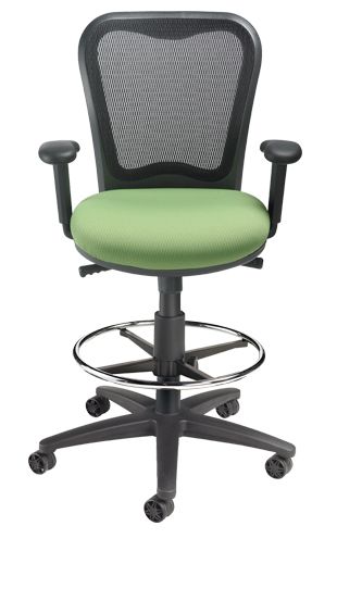 A black office chair with a green seat and a black mesh back.