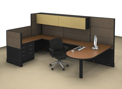 An office cubicle with a computer on the desk