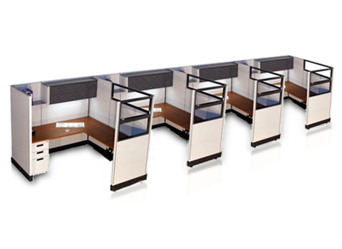A row of cubicles are lined up in a row on a white background