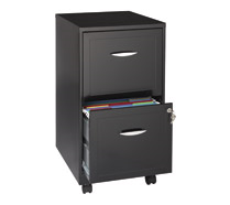 A black filing cabinet with two drawers and a lock.