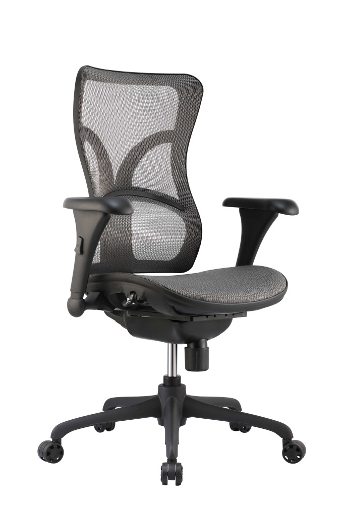 A black mesh office chair with wheels on a white background.