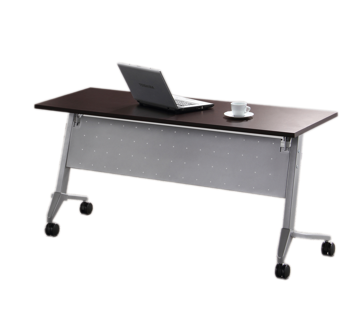 A laptop is sitting on a wooden desk next to a cup of coffee.