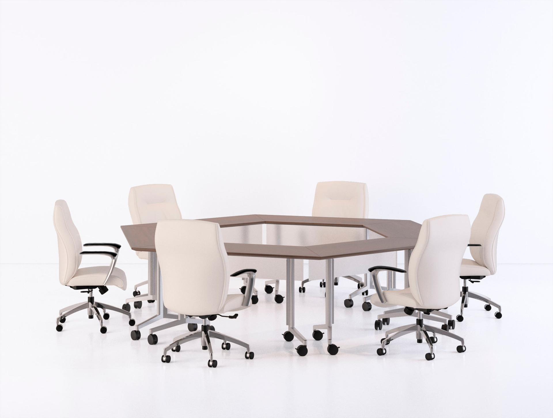A round conference table with white chairs around it on a white background.