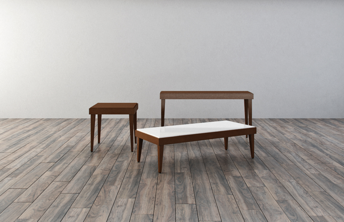 Two wooden tables are sitting on a wooden floor in a room.