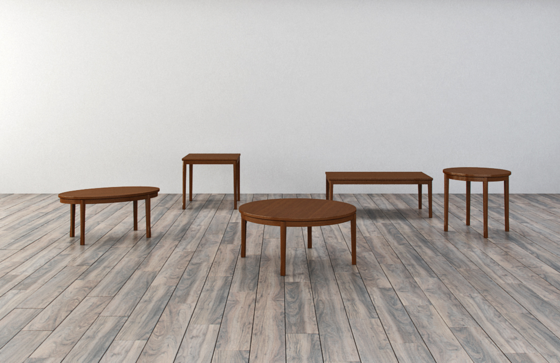 A group of wooden tables are lined up on a wooden floor.