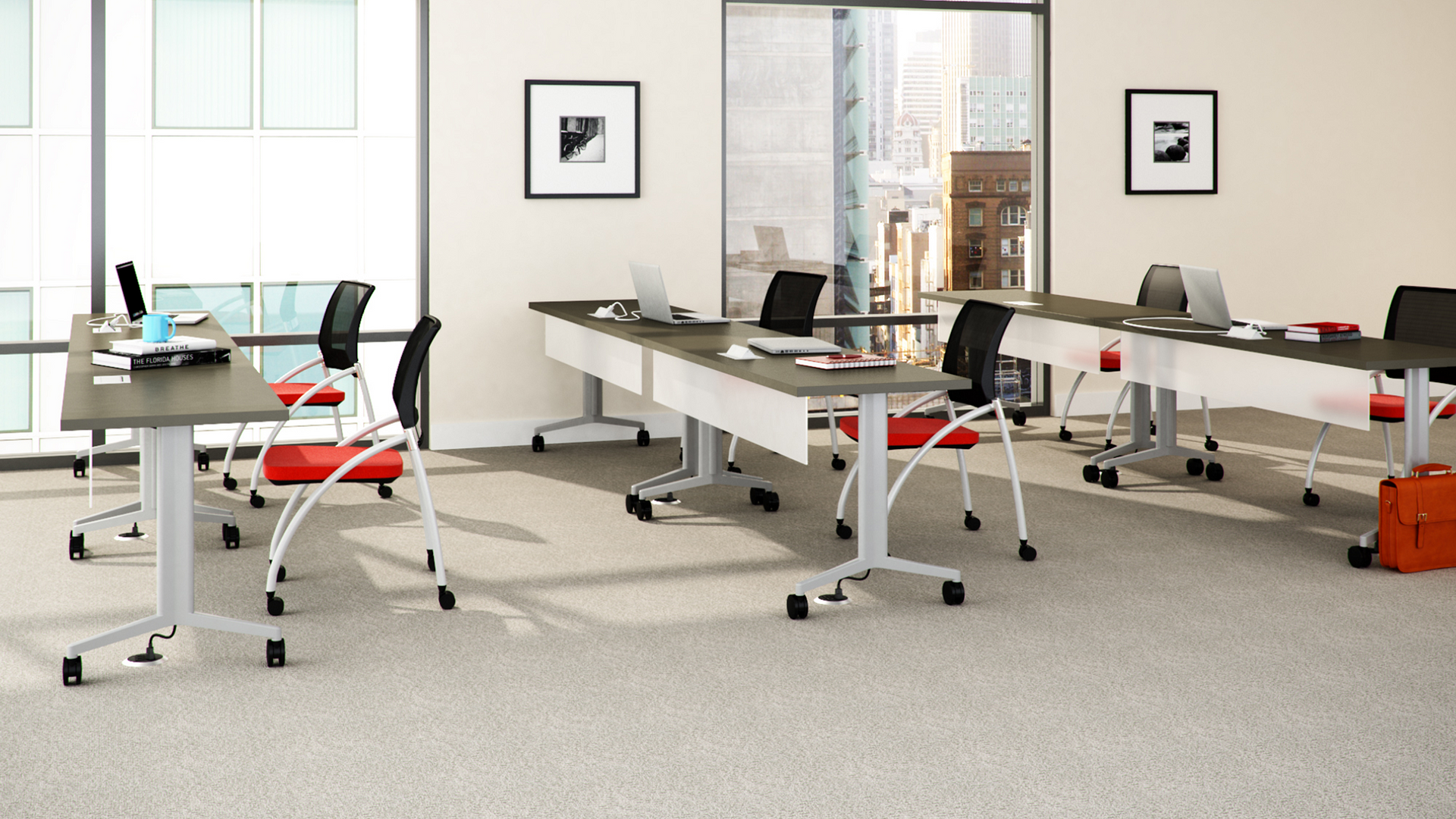 A room with a lot of tables and chairs in it