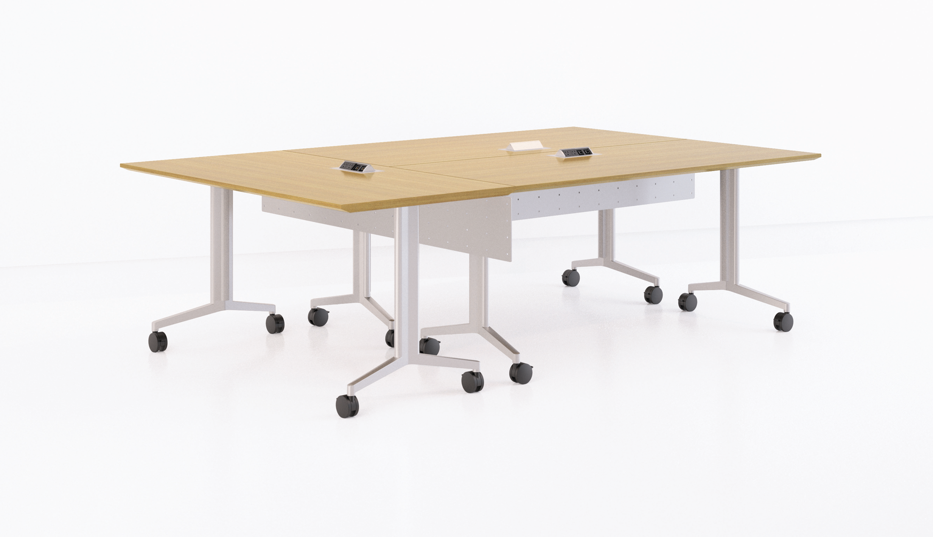 A group of wooden tables with wheels on a white background.