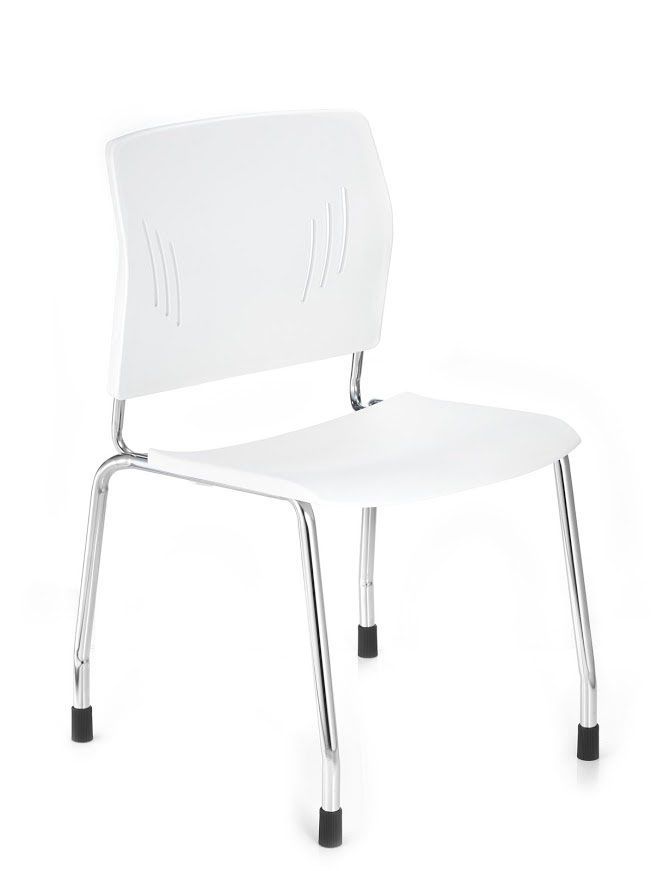 A white chair with chrome legs on a white background.