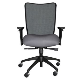 A gray office chair with black wheels on a white background