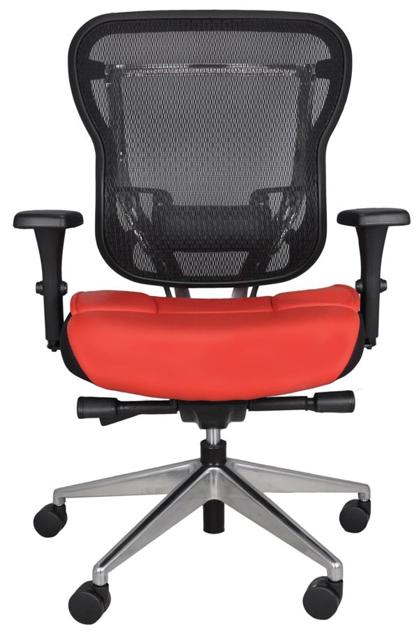 A red and black office chair with wheels on a white background.