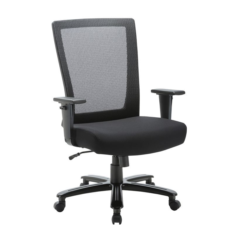 A black office chair with mesh back and arms on a white background.