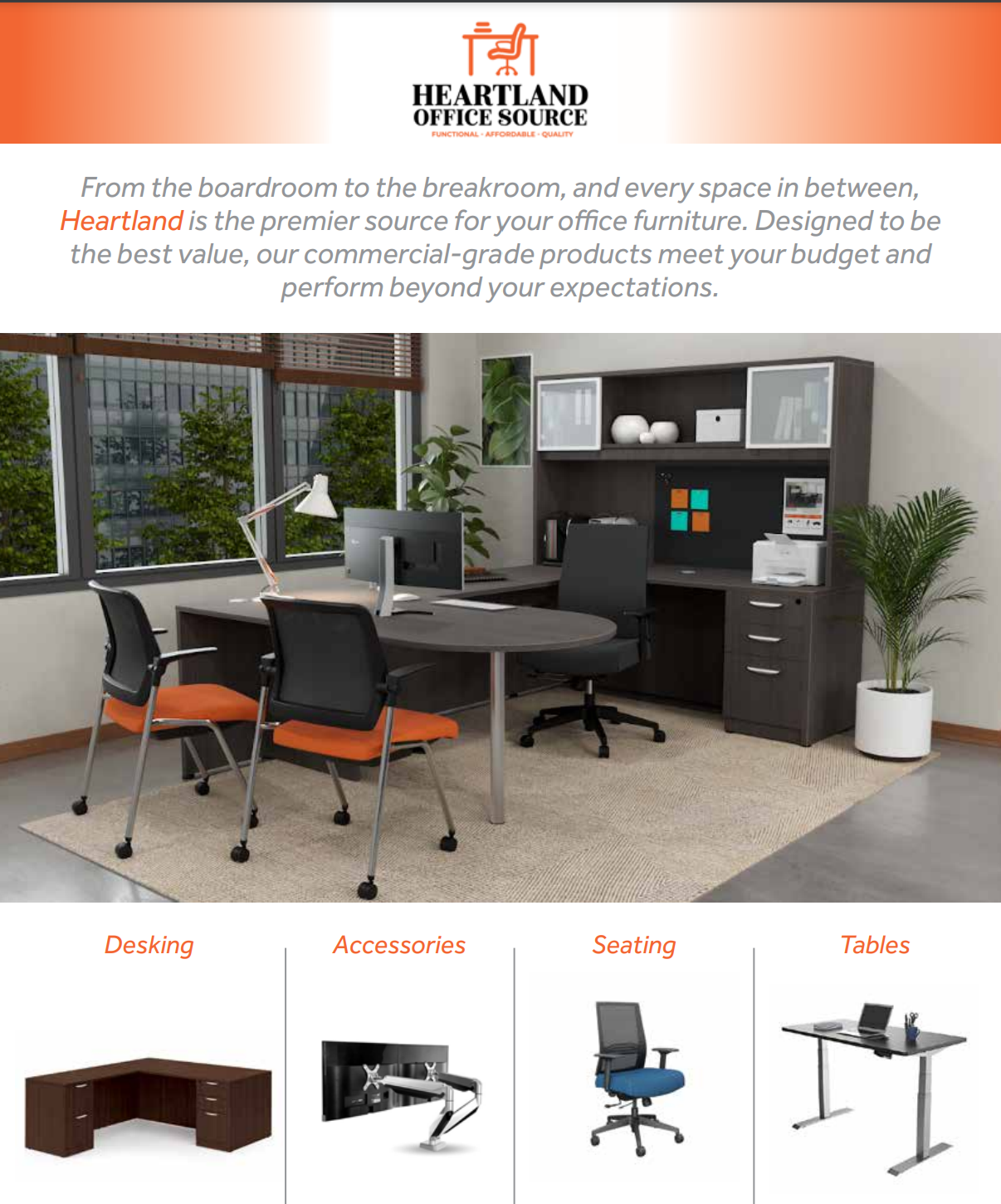 A brochure for heartland office source shows a variety of office furniture.