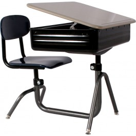 A black desk with an open top and a black chair