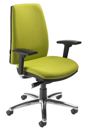 A green office chair with black arm rests on a white background