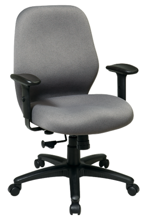 A grey office chair with black wheels and arm rests