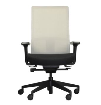 A white office chair with black wheels on a white background.