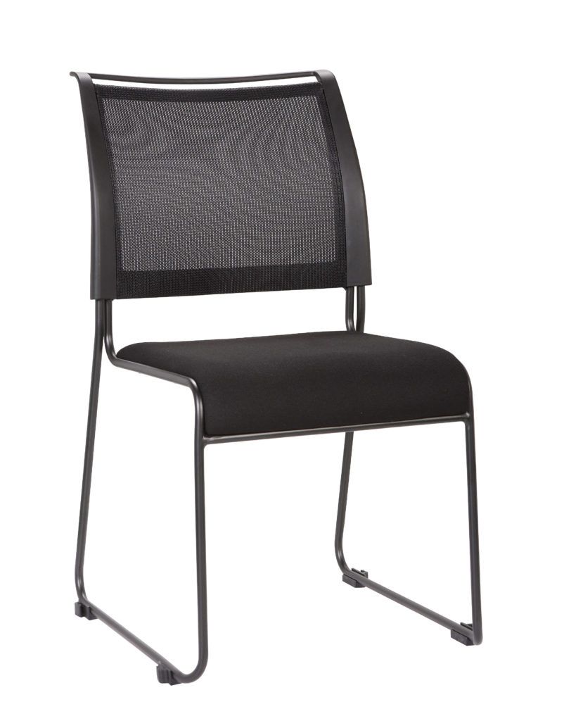 A black chair with a mesh back and seat on a white background.