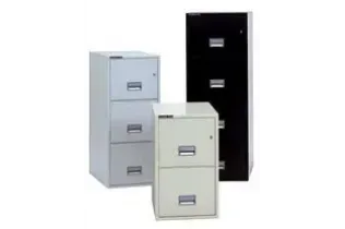 Three filing cabinets are sitting next to each other on a white background.