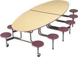 An oval table with stools around it on a white background.