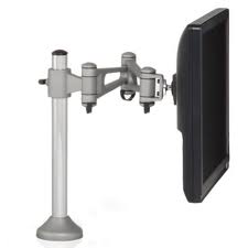 A monitor mount with a monitor attached to it.