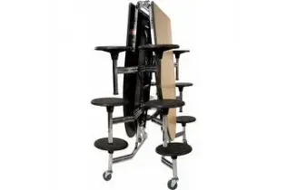 A table and chairs are stacked on top of each other on a white background.