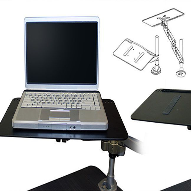 A laptop is sitting on top of a black table