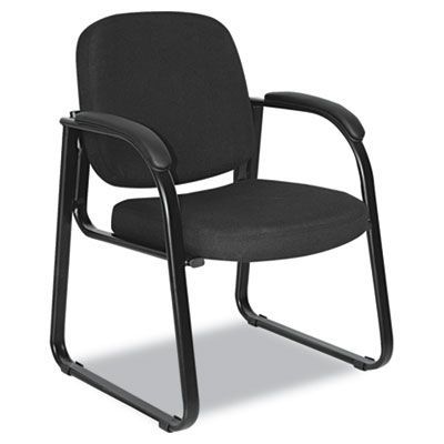 A black chair with black arm rests on a white background