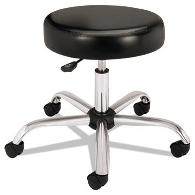 A black stool with chrome legs and wheels on a white background