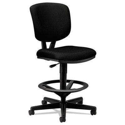 A black office chair with wheels on a white background