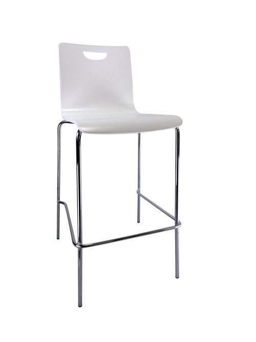 A white bar stool with a chrome frame on a white background