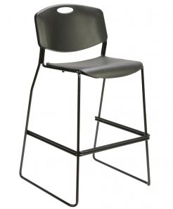 A black plastic bar stool with a metal frame on a white background.