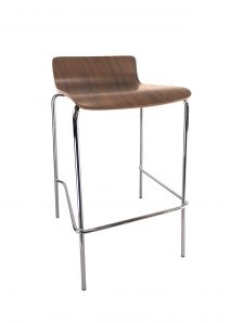 A bar stool with a wooden seat and chrome legs on a white background.
