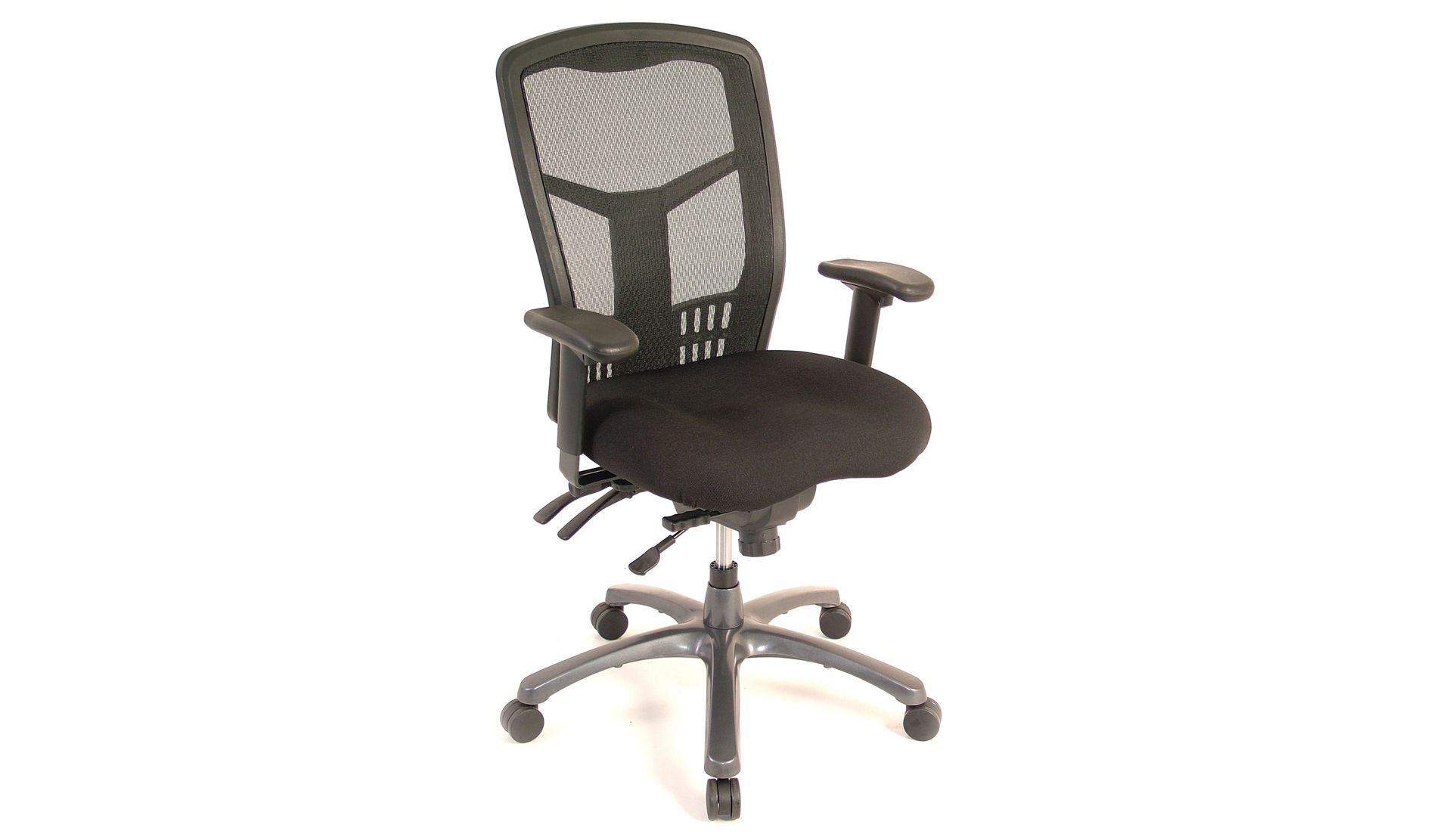 A black office chair is sitting on a white surface.