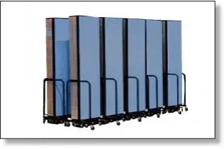 A row of blue lockers on wheels on a white background.