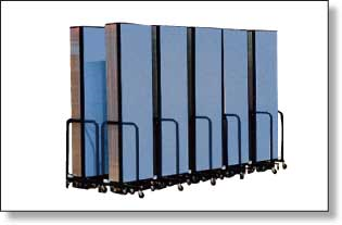A row of blue cabinets on wheels on a white background