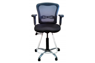 A black office chair with a mesh back and arm rests on a white background