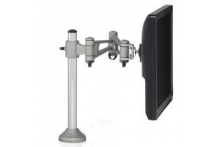 A computer monitor is mounted to a silver pole.