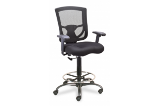 A black office chair with wheels on a white background