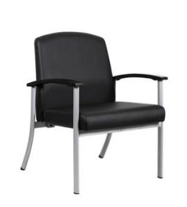 A black leather chair with a metal frame on a white background.