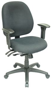 A black office chair with wheels and arm rests on a white background.