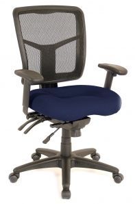 A black office chair with a blue seat and mesh back on a white background.