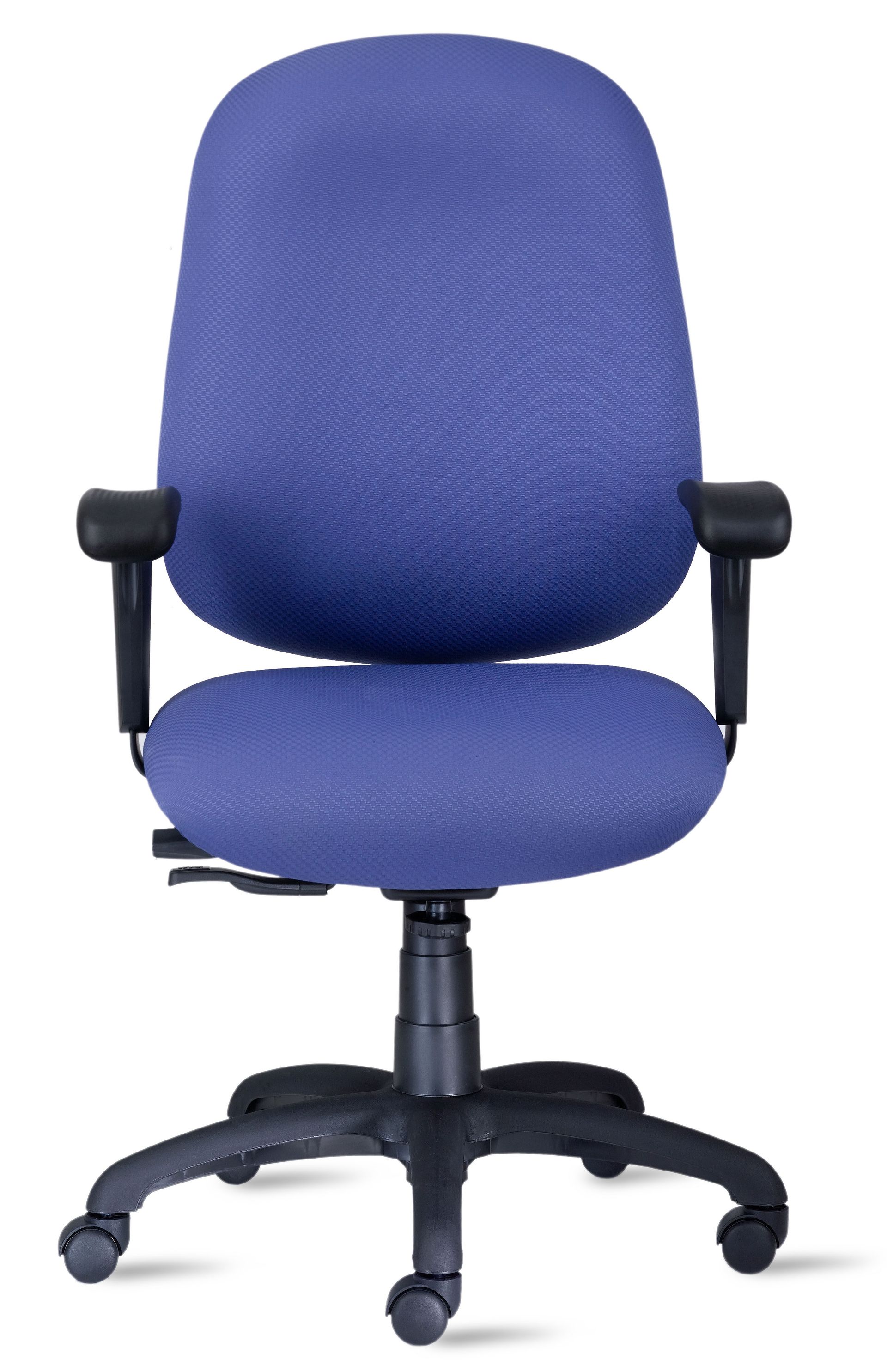 A blue office chair with black wheels on a white background